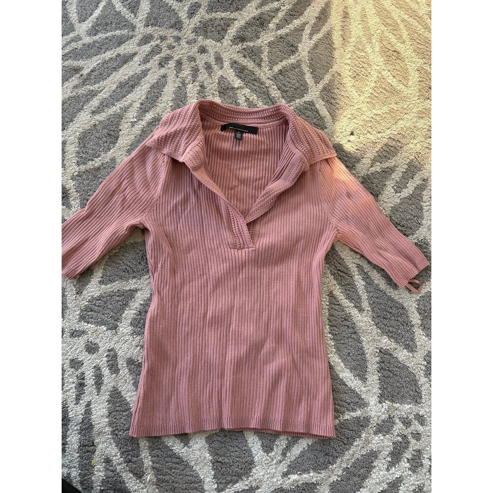 Mauve Pink Ribbed Collared Short Sleeve White House Black Market Blouse